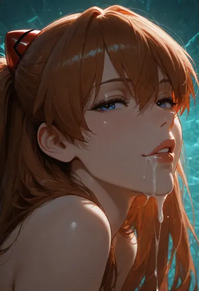 1girl, asuka langley, sidelocks tied back, solo, smiling, abstract background, aqua background, lips, looking at viewer, seductive, half-closed eyes, cum dripping from side of her mouth, <lora:SDXL high detailed. LoRA_SDXL_ARW_0010:1.5>, <lora:add-detail-xl:1.9>, <lora:dark:1.4>, <lora:Jeweled eyes-NAI:2>, <lora:SDXL Detail:1.3>