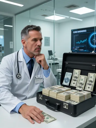 A photorealistic scene in a modern, high-tech private clinic, the clinic’s chief physician—a middle-aged man with short, graying hair, light stubble, and a pensive, serious expression—sits at a white desk wearing a white lab coat, beneath which a blue shirt and dark tie are visible. He wears a stethoscope around his neck and a name tag on his lab coat. The doctor gazes thoughtfully off into the distance as he counts the day’s revenue, his left hand under his chin and his right hand resting on the desk. Right in front of him on the desk stands a fully open black briefcase, filled to the brim with thick wads of U.S. dollars. The money is neatly arranged in even stacks, several wads lie inside the briefcase’s lid. Bright, clean lighting in a modern clinic, glass partitions, white walls, in the slightly blurred background, a large medical monitor displaying the words “CLINIC DIAGNOSTICS” and graphs. A sterile and upscale atmosphere. Highly detailed textures of the lab coat, skin, banknotes, and the case’s metal, realistic highlights, natural lighting from ceiling fixtures, cinematic lighting, photorealistic, ultra-detailed, masterpiece, best quality, sharp focus
