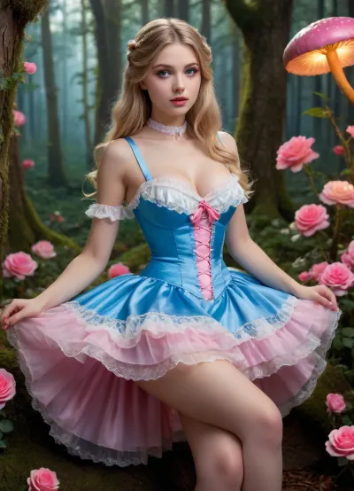 (masterpiece, best quality, photorealistic, ultra-detailed), 1girl, Alice Liddell, 18 y.o., sensual fantasy style, flowing golden blonde hair, sparkling blue eyes, glossy pink lips, tight blue dress pulled snug over large perky breasts, narrow corseted waist, hips visibly curving under layered skirt, thigh-high stockings with lace trim, seated on oversized mushroom, one leg crossed over the other, leaning slightly forward to reveal cleavage through open collar, playful smirk, teacups levitating nearby, glowing forest of candy vines and giant roses, soft magical glow on glossy skin, romantic wonderland mood, <lora:add-detail-xl:1.2>