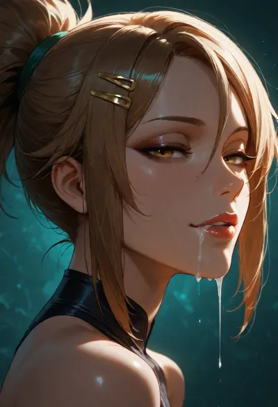 1girl, akali from KDA, hairclip, sidelocks tied back, solo, smiling, abstract background, aqua background, lips, looking at viewer, seductive, half-closed eyes, cum dripping from side of her mouth, <lora:SDXL high detailed. LoRA_SDXL_ARW_0010:1.5>, <lora:add-detail-xl:1.9>, <lora:dark:1.4>, <lora:Jeweled eyes-NAI:2>, <lora:SDXL Detail:1.3>