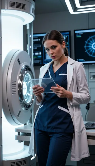 A raw and highly detailed cinematic still of an exceptionally beautiful female physician examining diagnostic results in a cutting-edge medical bay. She is seen in a medium-shot, standing next to a massive, glowing diagnostic scanner capsule. She has a focused, intense, and captivating expression as she analyzes a transparent tablet in her hands. She is dressed in a sharply designed, deep navy medical uniform that is perfectly fitted, highlighting her elegant posture and graceful frame, with a pristine white coat draped open over her shoulders.

The room is filled with soft, cool-toned lighting from medical screens and futuristic overhead light panels, creating dramatic shadows and highlighting her flawless skin and the complex metallic textures of the medical machinery. The composition is dynamic, emphasizing her expertise, the cutting-edge technology of the modern clinic, and her striking, powerful presence. Captured with subtle film grain, realistic lens flare, and deep cinematic contrast.