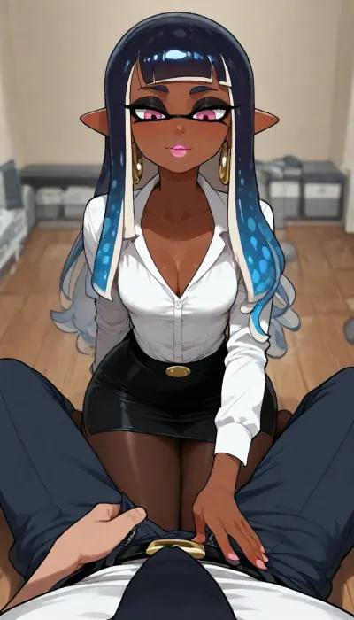 ((splatoon, inkling girl, dark black girl, azure hair, small breasts, (male POV, looking down at her))), zip2d, SK_Comic, (1girl, solo), (blackshirtboy, style of blackshirtboy:1.2), (secretary, sexy secretary, bimbo secretary:1.4), (lusty expression, seductive, smokey gaze:1.2), (adorable, delicate features, hyperfeminine features), (cleavage, soft breasts), (young, cute, large expressive eyes), (white blouse, tight blouse), (long hair, full pink lips, huge hoop earrings), mascara, eyeliner, ((kneeling at the boss' feet, unbuckling his belt, unzipping his pants))