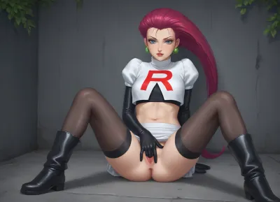 anime-style image of the character Jessie, a member of the famous villainous organization Team Rocket from the pokémon franchise .

She has her characteristic long, voluminous hair in magenta, (or pinkish-red), color, shaped into a large back curve. Her eyes are blue, she wears spherical hoop earrings in green color and displays a confident expression, with a slight sarcastic smile on her face.
Wears the classic Team Rocket uniform, a white turtleneck crop top with the red letter "R" emblazoned across the chest.
Under the top, she wears a black short blouse that leaves the abdomen area fully exposed.
Sit on the floor, self masturbating.
At the bottom, she wears a low-waisted white microskirt.
The look is completed by long black gloves that go up to the arms and high black stockings that cover the thighs, (thigh-high style), She is leaning against a gray-green textured concrete or metal wall, which has some cracks and screw marks, suggesting an industrial environment, hiding place or alley.
The lighting is directional, coming from the upper left corner, creating marked shadows on the wall and highlighting the silhouette and defined musculature of his abdomen., fingering, pussy, <lora:2FingersSDXL_v03:.8>