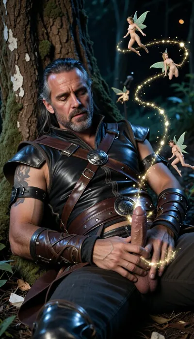 An adventurer clad in leather armor and trousers is sleeping under a tree in a magical forest at night. He is over forty years old, with thick stubble on his face and streaks of gray in his hair. Three fairies are hovering around him, they are small—about the length of the adventurer's forearm—and completely naked. They resemble miniature twenty-five-year-old women with voluptuous breasts and buttocks, very beautiful. A trail of glowing magic dust follows them, and one fairy is twirling magic dust around his penis, shown in close up.