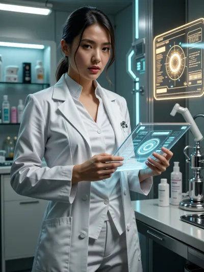 A confident and creative female doctor of Asian descent, wearing a white lab coat over a suit. She is standing in a high-tech medical office at a modern Japanese clinic. She is holding a transparent medical tablet with holographic data, reviewing the patient’s diagnostic results. In the background, glass shelves with medications and medical supplies are visible. Soft, cinematic main lighting on the subject, gentle front lighting with a barely perceptible upward direction, the bright bluish-blue glow of the holographic screen on the transparent tablet, warm golden-yellow task lighting from a large wall-mounted display on the right serving as a secondary light source, cool, crisp blue-white background laboratory lighting from the ceiling panels, noticeable blue neon lighting along the walls, realistic soft shadows, the atmosphere of a high-tech laboratory, sharp details, photorealism, detailed focus.