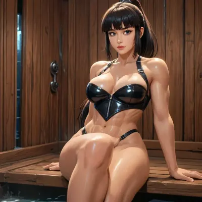 jeanne alter from fate dross style 20 years reiq masterpiece, cel-shaded, limited color palette, ((Beautiful Muscles Sexy Eve from Stellar Blade game body:1.3)), 1girl, solo, alone, (athletic, wide, build, body), (seductive face, black hair tied in a long ponytail, and bangs, ads, big perfect breast, muscles, perfect legs, feet, wide hips, big perfect hard ass, sweaty body), ((Eve from Stellar Blad power suit Outfits)), (camel toed), (front facing standing playful posing), (sauna, steam, hotel), ultraviolet light, LoL, Style, stelbldeve, woman, fine_ascxl, anime, screencap, <lora:LCMTurboMix_Euler_A_fix:2>, <lora:EnvyCuteXL01v12:2>, <lora:StelBldEveXL:2>, <lora:cyber_fantasy:2>, <lora:Anime_Screencap_Enhancement-v1:2>