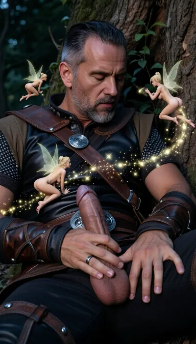 An adventurer clad in leather armor and trousers is sleeping under a tree in a magical forest at night. He is over forty years old, with thick stubble on his face and streaks of gray in his hair. Three fairies are hovering around him, they are small—about the length of the adventurer's forearm—and completely naked. They resemble miniature twenty-five-year-old women with voluptuous breasts and buttocks, very beautiful. A trail of glowing magic dust follows them, and one fairy is embracing his penis, shown in close up.