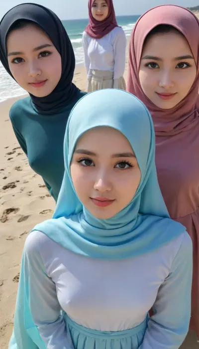 Dreamy hijabi trio: selfie de plage dans l'anime vector chef-d'œuvre

- Oui.

Image générée par l'IA d'un chef-d'œuvre HD : 3 filles asiatiques hijab en cols tortueux bleu clair doux et jupes longues, yeux rêveux brillant de joie, sous-capsules encadrant leurs fronts, tétons perky et grandes aréoles dures subtilement visibles sous un tissu serré. Leurs expressions heureuses contrastent avec de fortes ombres frontales projetées par le soleil clair de la plage sous un ciel bleu clair — capturées dans une photo de selfie en gros plan rendue en anime hentai rencontre le style graphique vectoriel.