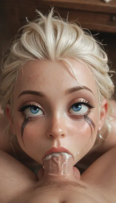 (Jack Cayless art style), elsa from frozen, Rolling eyes, small dick, 69 position, aggressive deepthroat, *cum dripping from her nose, covered in cum, close up, (crying), ruined makeup