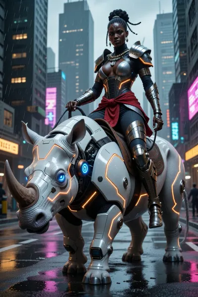 A formidable Zulu female warrior, aged approximately thirty-five, with rich, dark skin and sharp, intelligent eyes, stands proudly astride a colossal, gleaming white cybernetic rhinoceros. Her stern expression conveys unwavering determination. She wears a meticulously crafted traditional Zulu-inspired armor, reimagined with glowing neon orange circuitry and reinforced plating, featuring a sleek, form-fitting dark grey jumpsuit beneath. A vibrant scarlet sash is tied around her waist, and her hair is styled in intricate braids adorned with metallic beads. The rhinoceros, a marvel of bio-mechanical engineering, possesses glowing sapphire blue optical sensors and emits a low hum of power. Its white armor plating is accented with the same neon orange circuitry.

The warrior grips the reins tightly, her stance confident and balanced, mirroring the powerful, steady gait of the rhino. They are positioned on a rain-slicked, neon-drenched street in a futuristic, sprawling metropolis, with towering skyscrapers receding into a foggy, atmospheric background. The perspective is a dynamic mid-shot, capturing the intensity of the warrior and the imposing presence of the rhino. Lighting is dramatic, with the glow from neon signs and the cybernetic enhancements casting sharp, colorful reflections on the wet pavement and the subjects. The atmosphere is gritty and action-packed, evoking the bold, high-contrast style of Marvel comics and the sophisticated aesthetic of cyberpunk art. The textures are a mix of polished metal, worn leather, and sleek synthetic materials.