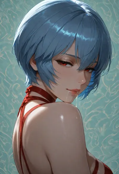 1girl, ayanami rei, sidelocks tied back, solo, smiling, abstract background, aqua background, lips, looking at viewer, seductive, half-closed eyes, cum dripping from side of her mouth, <lora:SDXL high detailed. LoRA_SDXL_ARW_0010:1.5>, <lora:add-detail-xl:1.9>, <lora:dark:1.4>, <lora:Jeweled eyes-NAI:2>, <lora:SDXL Detail:1.3>