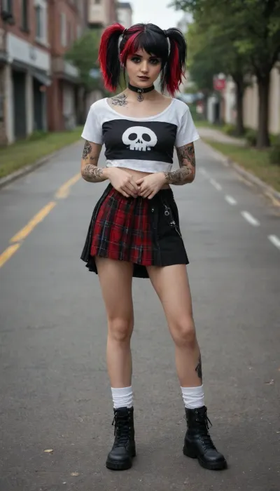 ((18 years old)), ((emo girl:1.9)), English, Beautiful, cute looking, happy face, eye contact, black hair, top pulled up to show breasts, pigtails, perfect firm breasts, long legs, athletic, legs spread wide, ((vagina wide open)), hairy pussy, tattoos, white socks, colorful skirt, choker, black Dr Martens boots, stood up, looking forward, front view, on a road, master piece, photo realistic, best quality