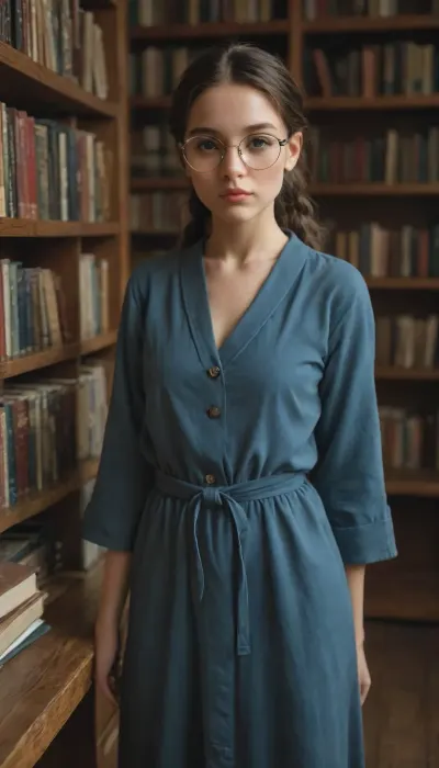 modest librarian with grey ponytails and round glasses, small nose, puffy lips, pointed chin, she wears a blue working robe on skinny bare body, she's looking as a simpleton but she has a very clever grey eyes, she's standing behind library counter surrounded by piles of books, they call her 'plain Jane' but she has cool boobies