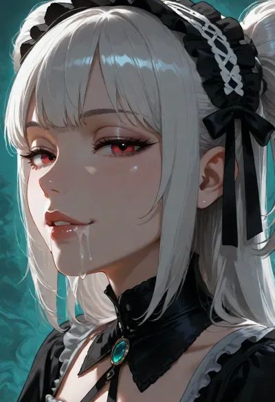 1girl, pastel gothic, sidelocks tied back, solo, smiling, abstract background, aqua background, lips, looking at viewer, seductive, half-closed eyes, cum dripping from side of her mouth, <lora:SDXL high detailed. LoRA_SDXL_ARW_0010:1.5>, <lora:add-detail-xl:1.9>, <lora:dark:1.4>, <lora:Jeweled eyes-NAI:2>, <lora:SDXL Detail:1.3>