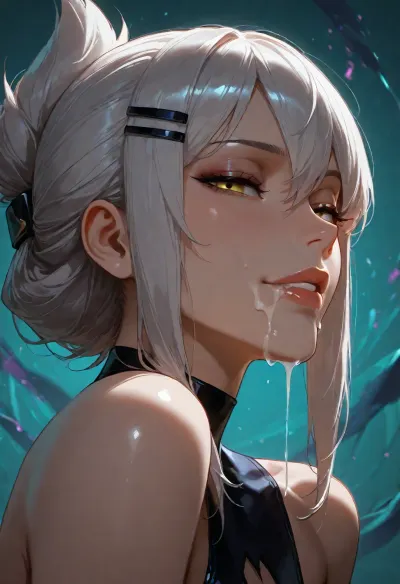1girl, evelynn from KDA, hairclip, sidelocks tied back, solo, smiling, abstract background, aqua background, lips, looking at viewer, seductive, half-closed eyes, cum dripping from side of her mouth, <lora:SDXL high detailed. LoRA_SDXL_ARW_0010:1.5>, <lora:add-detail-xl:1.9>, <lora:dark:1.4>, <lora:Jeweled eyes-NAI:2>, <lora:SDXL Detail:1.3>
