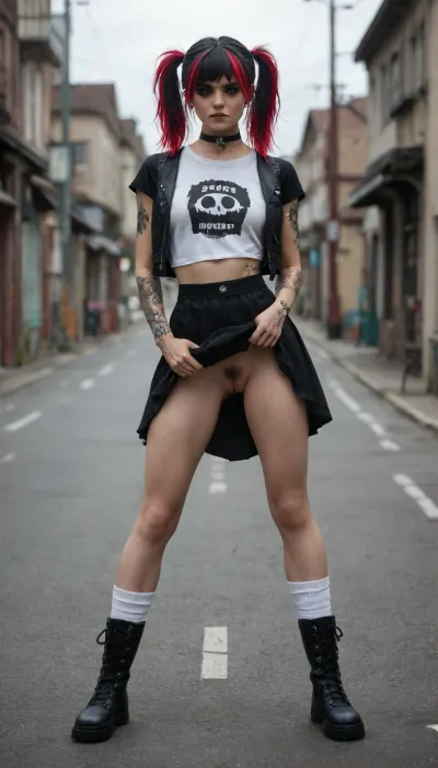 ((18 years old)), ((emo girl:1.9)), English, Beautiful, cute looking, angry, eye contact, black hair, top pulled up to show breasts, pigtails, perfect firm breasts, long legs, athletic, legs spread wide, ((lifting skirt up to show pussy)), hairy pussy, tattoos, white socks, colorful skirt, choker, black Dr Martens boots, stood up, looking forward, front view, on a road, master piece, photo realistic, best quality