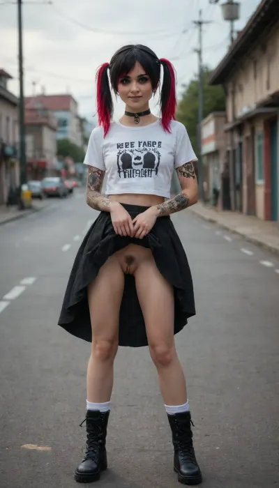 ((18 years old)), ((emo girl:1.9)), English, Beautiful, cute looking, smiling, eye contact, black hair, top pulled up to show breasts, pigtails, perfect firm breasts, long legs, athletic, (((legs spread very wide))), ((lifting skirt up to show pussy)), hairy pussy, tattoos, white socks, colorful skirt, choker, black Dr Martens boots, (((stood up))), looking forward, front view, on a road, master piece, photo realistic, best quality