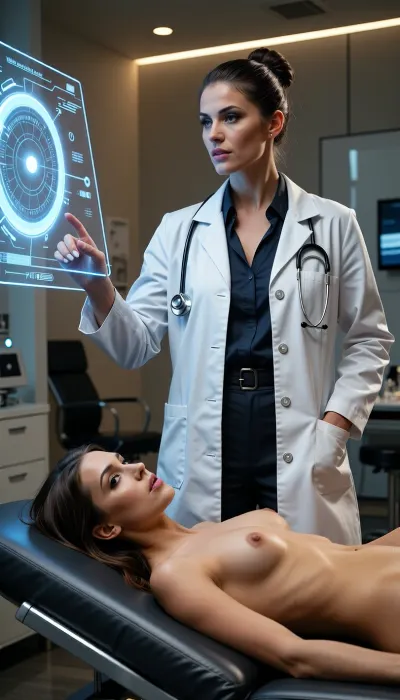 A deeply atmospheric, raw, and highly realistic cinematic photograph depicting the exact concept of "What does a doctor do in a modern clinic?". In the center of a prestigious, dimly lit clinical room, an exceptionally beautiful, elegant, and highly professional 30-year-old female doctor is actively conducting a complex medical diagnosis. Her posture is commanding, intellectual, and confident, exuding absolute authority and a subtle, magnetic charisma. She is captured in a medium close-up shot, standing next to a sleek, ergonomic patient examination table upholstered in premium charcoal leather.

She has striking, symmetrical facial features, refined bone structure, captivating and highly intelligent dark eyes, and her hair is styled in a flawless, sophisticated professional updo. She wears a premium, tailored medical uniform, a pristine, perfectly fitted white laboratory coat with silver buttons that is sharply adjusted to her slender and graceful silhouette, worn over a dark, elegant silk button-up shirt which is subtly open at the collar, highlighting her graceful neck. A minimalist, sleek digital stethoscope with a matte finish is draped professionally around her neck. One hand is gently suspended in mid-air, her fingertips interacting with a massive, glowing, holographic interface that floats in the foreground.

Resting quietly on the charcoal leather clinical examination table in the foreground is a beautiful female subject, completely naked, lying in a relaxed reclining position. She has beautiful firm breasts, showing soft, smooth skin textures. Her long hair cascades softly over the edge of the headrest, and her facial expression is confident, with her beautiful, clear eyes wide open. The glowing blue and amber light from the floating holographic diagnostic screen washes over her bare skin and reflects softly in her eyes. The background reveals the highly sophisticated interior of a state-of-the-art modern clinic, with clean architectural lines, recessed warm LED ambient lighting, and high-end medical equipment, all softly blurred to create a beautiful, shallow depth of field. There are no sci-fi fantasy elements, no random people, and no floating artifacts. The lighting is a masterpiece of contrast, combining the cool, high-tech illumination of the floating screens with a soft, natural golden key light coming from an unseen window, highlighting the rich, detailed textures of skin, the fine fabric of the coat, the leather of the table, and the brushed-metal surfaces of the clinic. Captured with a professional 85mm lens, presenting a clean, respectful, and visually arresting aesthetic with absolute anatomical accuracy.