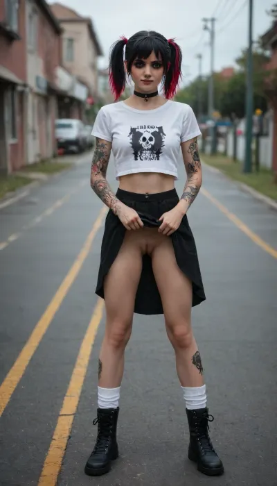 ((18 years old)), ((emo girl:1.9)), English, Beautiful, cute looking, smiling, eye contact, black hair, top pulled up to show breasts, pigtails, perfect firm breasts, long legs, athletic, legs spread wide, ((lifting skirt up to show pussy)), hairy pussy, tattoos, white socks, colorful skirt, choker, black Dr Martens boots, stood up, looking forward, front view, on a road, master piece, photo realistic, best quality