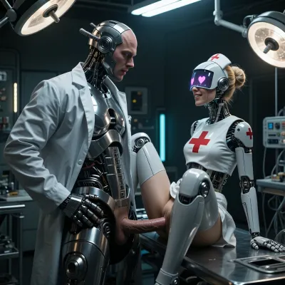 Robot surgeon in doctor blouse, partly made of metal, hard dick, eyes open, he is standing and is fucking a sexy robot nurse sitting face to him on an operation table. instead of eyes she has a curved screen fused with head with 2 pink hearts, blond bun, amused smile . her knees raised. Red Cross. Vaginal penetration. Futuristic surgery operation room. science fiction. cinematic. ultra detailed. Focus on faces. Side view . Ambiant light switched off. Dramatic from the surgery lamps. Man proud stance with his hands on his waist