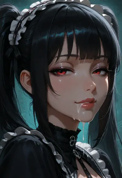 1girl, pastel gothic, sidelocks tied back, solo, smiling, abstract background, aqua background, lips, looking at viewer, seductive, half-closed eyes, cum dripping from side of her mouth, <lora:SDXL high detailed. LoRA_SDXL_ARW_0010:1.5>, <lora:add-detail-xl:1.9>, <lora:dark:1.4>, <lora:Jeweled eyes-NAI:2>, <lora:SDXL Detail:1.3>