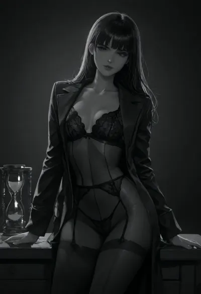 high_quality, best_quality, photorealistic_art, realism, femme_fatale, suggestive _pose, teasing, looking_at_viewer, lingerie_under_trench_coat, seamed_stockings, classic_kittten_heels, 1950's_vibe, slender_figure, hourglass_figure, small_breasts, greyscale, black and white, dramatic lighting, dark lighting, high contrast, modelling_pose, sat on desk, <lora:add-detail-xl:2>, <lora:Creat0r_MagicDetailzV2_FIX:.8>