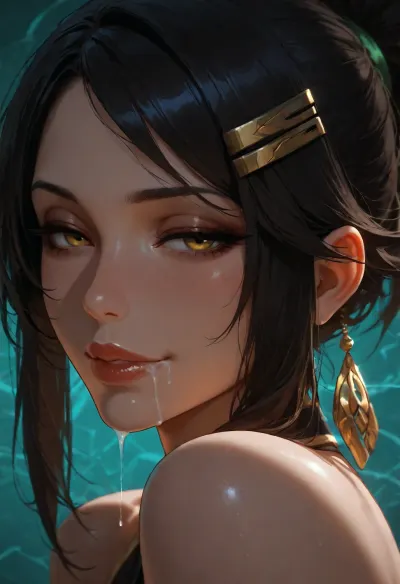 1girl, akali from KDA, hairclip, sidelocks tied back, solo, smiling, abstract background, aqua background, lips, looking at viewer, seductive, half-closed eyes, cum dripping from side of her mouth, <lora:SDXL high detailed. LoRA_SDXL_ARW_0010:1.5>, <lora:add-detail-xl:1.9>, <lora:dark:1.4>, <lora:Jeweled eyes-NAI:2>, <lora:SDXL Detail:1.3>