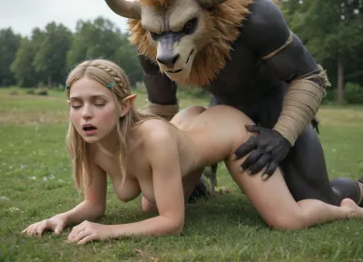 Princess Zelda, blond hair, mouth wide open, closed eyes, totaly nude, medium breasts, vaginal sex, perfect hands, hilichurl fucking her from behind, sweaty, large girthy cock, doggystyle sex, pussy juice, grass, meadow, bushes, gerph art style