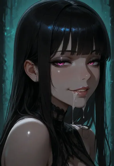 1girl, extreme goth girl, sidelocks tied back, solo, smiling, abstract background, aqua background, lips, looking at viewer, seductive, half-closed eyes, cum dripping from side of her mouth, <lora:SDXL high detailed. LoRA_SDXL_ARW_0010:1.5>, <lora:add-detail-xl:1.9>, <lora:dark:1.4>, <lora:Jeweled eyes-NAI:2>, <lora:SDXL Detail:1.3>