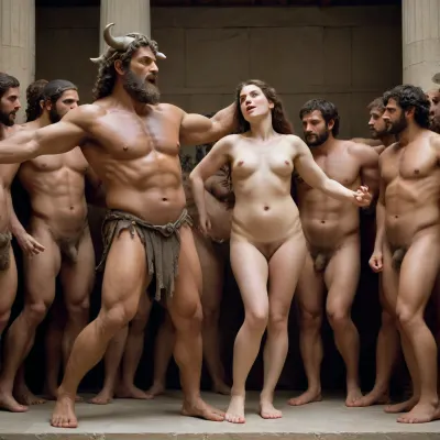 The myth of Pasiphaë's coupling with the bull and the subsequent birth of the Minotaur was the subject of Euripides's lost play the Cretans, of which few fragments survive. Sections include a chorus of priests presenting themselves and addressing Minos, someone, (perhaps a wetnurse), informing Minos of the newborn infant's nature, (informing Minos and the audience, among others, that Pasiphaë breastfeeds the Minotaur like an infant), and a dialogue between Pasiphaë and Minos where they argue over which between them is responsible., [21], Pasiphaë's speech defending herself is preserved, an answer to Minos's accusations, (not preserved), in which she excuses herself on account of acting under the constraint of divine power, and insists that the one to blame is actually Minos, who angered the sea-god., [22], PASIPHAË