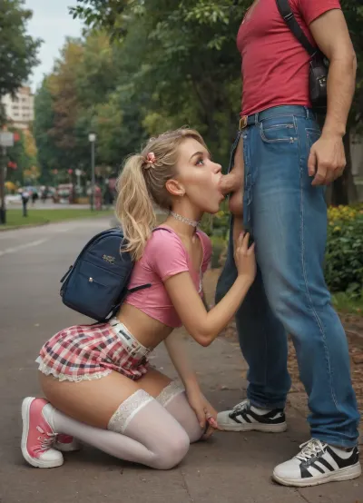 cartoon style, (flat chested:1.2), (bulge puffy longnips:1.2), 25 yo adult bimbo in students uniform, bent over waist, kneeling, squatting, (outdoor in living public park:1.6), doing blowjob for old stranger, (blowjob:1.4), deep cleavage, choker, white blouse, pink top, white belt, (lace white crotchless panties:1.3), (checkered blue microskirt over labia:1.4), perfect visible pussy, small foot, small size pink sneakers, twintails, blonde, hair ornament, huge breast, full lips, (white stockings:1.4), (she wear elegant pink mini backpack), longnips, woman, sucking, a, cock, <lora:ThePitXL:2>, <lora:detailed_notrigger:2>, <lora:longnipsxl:2>, <lora:WTS - WhatTheSuck - v1:2>