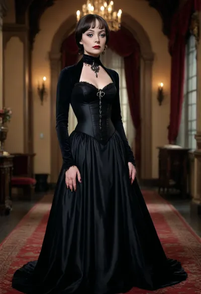 skinny, Carolyn Jones, as mortisha, wearing a black gothic gown, full body image