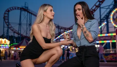 two Scandinavian women in their twenties in a romantic marriage proposal scene at an amusement park at dusk, standing near a roller coaster at the end of the evening, colorful carnival lights glowing all around them, twilight sky, festive and emotional atmosphere, cinematic romantic moment

Freja is a feminine curvy lipstick lesbian with long golden blonde hair and an hourglass body, bright blue eyes, fair Nordic complexion, soft elegant facial features, and a warm deeply loving expression. Her small tight pussy is smoothly shaven. She is wearing a short fitted black dress without neither panties nor bra and high heels, with delicate makeup and elegant layered jewelry including rings, necklaces, bracelets, and small tasteful earrings. She looks polished, glamorous, feminine, and romantic. She is kneeling down on one knee.

Alma is a curvy busty chapstick lesbian with long dark brown hair, vivid green eyes, fair Scandinavian complexion, a small nose piercing, and a relaxed naturally beautiful face with a grounded affectionate expression. She is wearing elegant slacks and a stylish button-up shirt with the collar open and the sleeves rolled up, creating an effortlessly attractive, relaxed-elegant look. She wears layered jewelry including rings, and bracelets. Feminine artsy spiritual tattoos decorate her arms and collarbone, including fine-line moon phases, wildflowers, sacred geometry, stars, and abstract goddess-inspired linework

Freja is down on one knee in front of Alma, holding an open ring box in one hand and holding Alma’s hand with the other. Freja's skirt has risen up and are now around her waist exposing her naked ass. She looks up at Alma with love, hope, and heartfelt sincerity. Alma looks surprised and overwhelmed with emotion, her free hand lifted to her mouth in shock and joy. Their body language is intimate, emotional, and deeply romantic, clearly showing that this is a life-changing moment between two women who know they are meant for each other

the roller coaster and amusement park lights glow behind them, with soft bokeh, colorful bulbs, and a magical twilight atmosphere. The scene feels like the culmination of their relationship, full of love, tenderness, surprise, and commitment

photorealistic, highly detailed faces, natural skin textures, cinematic photography, shallow depth of field, emotional sapphic romance, vibrant amusement park lights, masterpiece, ultra detailed, professional photography, 8k