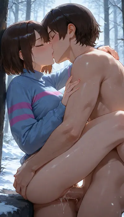 Frisk from undertale, ((Frisk's face stoic expression)), (Friks's eyes), ((Frisk closed eyes)), (Frisk's sweater), ((Frisk's long-sleeve light blue sweater with two magenta stripes)), 20 years old, beatiful body, Nude from the bottom, (vagina), (shaved pussy), Male anon, completely nude male anon, medium black hair, beautiful face, (This male anon is having a vaginal sex with Frisk), (front vaginal sex), kissing, She is looking at viewer, Cum, cum in pussy, penis inside of vagina, side view, (view from side), snow forest, (veru detailed snow particles), professional image, very detailed image, 4K image