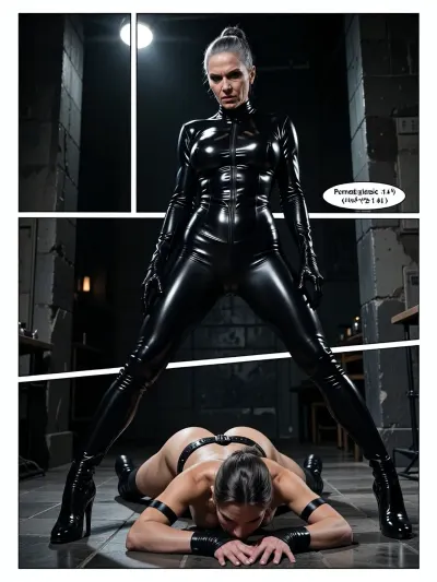 A comic book page. The page is a stark, high-contrast Pornografic composition with dramatic, heavy use of black ink and sharp, chiaroscuro lighting, reminiscent of Sin City^2, 7. The style is gritty, noir, and highly stylized.The page is divided into three panels, arranged to build tension and focus on the character's form and actions.
masterpiece, best quality, ultra-realistic photograph, cinematic lighting. A hardcore latex bondage scene. A stern, dominant older woman, around 55 years old with a sharp, arrogant face and grey hair styled in a tight bun, stands with her legs spread wide. She is wearing a glossy, black latex catsuit that accentuates her powerful figure. On the floor beneath her lies a bound transgender woman. The transwoman is naked, her body tightly restrained with black leather straps that bind her wrists to her ankles, forcing her into a vulnerable, hogtied position on the cold stone floor. The dominant woman looks down at her captive with an expression of cold, calculating superiority. The lighting is dramatic and high-contrast, coming from a single overhead source, casting deep shadows and creating a stark reflection on the glossy latex of the Mistress's suit. The atmosphere is tense, oppressive, and charged with power, ((huge breasts:1.4)), ((Puffy nipples:1.4)), ((saggy Breasts:1.4))