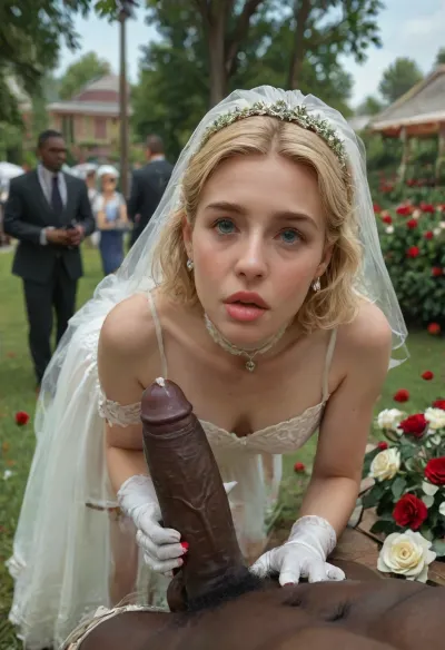 ((interracial)), beautiful youthful slim petite slender young blonde bride at wedding gangbang party in backyard, (outdoor in living public backyard:1.4), (bridesmaids:1.2), (her Mom standing near and watching), full lips, blonde hair, shaggy, white choker, white roses headflowers, conservative white wedding dress, garter belt and white stockings, (flashing pussy), (white gloves to shoulders:1.2), white high heels, red lipstick, red nails, perfekt 5 fingers, flat chested, wedding bouquet, surprised, half-open mouth, standing, leg up, (bent over waist), sitting, (laying on her back on table), (ridding on cock), (deepthroat), blowjob, (anal fucked by old dirty homeless man), (gangbang:1.4), 4 huge cocks, (4rd person), (cum dripping from cock:1.7), anal sex, (doggy style anal sex), rough anal sex, bent over waist, very deep anal penetration, hard fucking, outdoors, wedding guests watching, crowd, late afternoon, realistic detailed face, realistic detailed hair, realistic detailed body, realistic detailed skin, realistic detailed very small breasts, realistic detailed very tight pussy, (High, Resolution), (More, Details), (8K), 4ng3l, face, detailxl, <lora:checkpoint-e100_s400:1.3>, <lora:add-detail-xl:1.5>, <lora:style_lora_realis:.5>, <lora:SDXL_BetterFaces-LoRA_v1:.8>, <lora:detailed_notrigger:1.5>