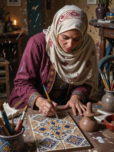 A young, beautiful woman in her cozy oriental ceramics workshop is intently working on decorative ceramic tiles. She sits at a wooden table stained with paint, holding a thin artist's brush in her right hand and carefully applying a pattern. She wears a white headscarf with red embroidery and a burgundy dress with blue and gold patterns. Her face is focused on her work.
Scattered around her on the table are brushes in clay jugs, finished painted tiles with vibrant oriental patterns in blue, yellow, and white, a clay vessel, and a bowl of paint. The warm atmosphere of the old workshop, with paint particles floating in the air, is captured in the warm twilight. Daylight shines from the foreground on the artist's hands, face, and ceramic tiles. In the background of the workshop, there is a warm, soft glow. Executed in the style of classical realistic oil painting on canvas, noticeable brushstrokes, pronounced oil texture, deep shadows and warm highlights, rich oil palette, textured brushstrokes, oil on canvas, a masterpiece, a high degree of detail, in the style of academic oil painting of the 19th-20th centuries.