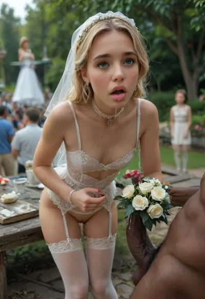 ((interracial)), beautiful youthful slim petite slender young blonde bride at wedding gangbang party in backyard, (outdoor in living public backyard:1.4), bridesmaids, her Mom standing near and watching, full lips, blonde hair, shaggy, white choker, white roses headflowers, conservative white wedding dress, garter belt and white stockings, (white gloves to shoulders:1.2), white high heels, red lipstick, red nails, perfekt 5 fingers, flat chested, wedding bouquet, surprised, half-open mouth, standing, leg up, (bent over waist), sitting, (laying on her back on table), (ridding on cock), (deepthroat), blowjob, (anal fucked by old dirty homeless man), (gangbang:1.4), 4 huge cocks, (4rd person), (cum dripping from cock:1.7), anal sex, (doggy style anal sex), rough anal sex, bent over waist, very deep anal penetration, hard fucking, outdoors, wedding guests watching, crowd, late afternoon, realistic detailed face, realistic detailed hair, realistic detailed body, realistic detailed skin, realistic detailed very small breasts, realistic detailed very tight pussy, (High, Resolution), (More, Details), (8K), 4ng3l, face, detailxl, <lora:checkpoint-e100_s400:1.3>, <lora:add-detail-xl:1.5>, <lora:style_lora_realis:.5>, <lora:SDXL_BetterFaces-LoRA_v1:.8>, <lora:detailed_notrigger:1.5>