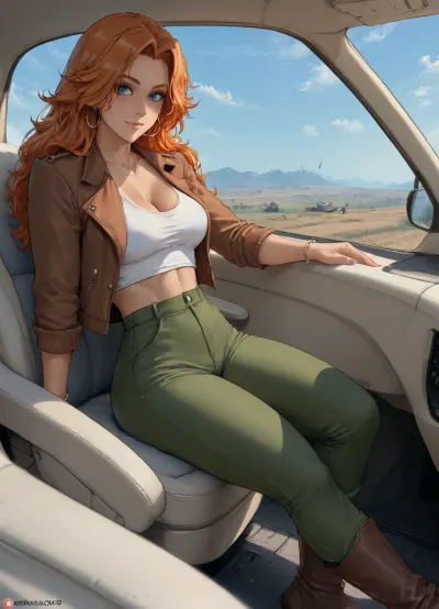 (((Melkor mancin mix markgavatino mix cutesexyrobutts style))), reiq style, masterpiece, super ultra detailed, super high resolution, (perfect small details, perfect quality, ultra perfect quality, perfect detailing), lora, add-detail-xl, (cockpit airplane:1.2), futuristic, perfect plane, view sky in background, view on montains, from sky, sky blue, beautiful lady, (freckles), big smile, curly hair, long hair, hyperdetailed, supermodel face, (Rangiku_matsumoto from bleach, long orange hair), 30years old, extremely tanned, ((tan lines:1.5)), gold hoop earrings, ankle bracelet, blushing, (intense blushing), elegant, athletic body, perfect long leg, perfect anatomy, perfect hands, perfect finger, high detail face, standing, clothed, long boots, brown boots, (military cloths:1.5), brown jacket, soldier, military force, (big weapon:1.2), rifle, big, (gun:1.2), assault rifle, military pants, colonel, army