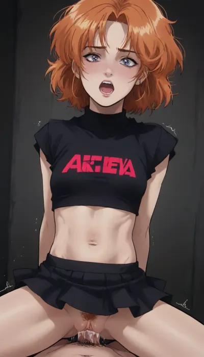 Markgavatino style, (retro anime:1.8), masterpiece, Andava, Andavaverse, Drawing, Breckie Hill, hitched up skirt, crop top, flirty, fucked from behind. Orange hair. Looking directly at viewer. Trembling. Quivering whole body orgasm. Explicit hardcore sex. pubic hair, Creampie. Screaming., (dramatic lighting:1), <lora:mk_Bp Anime_xl:1>, <lora:NEOTOKIOXL_0.2_RC:2>