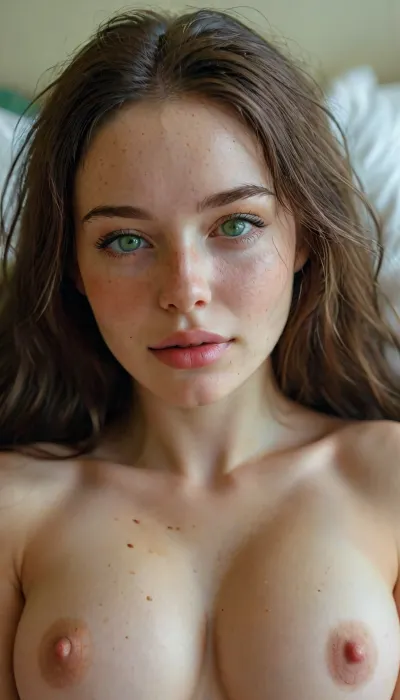 a slim 25 year old woman with long dark hair and green eyes and big breasts and pale skin and no makeup lying prone on bed, perfect eyes, topless, smiling, perfect breasts, full body wide view, 4ng3l, face, ponychar3-RBSYPV3, curvaceous2, long, hair, looking, at, viewer, burgundy, mole, portrait, freckles, realistic, <lora:MJ52:.8>, <lora:SDXL_BetterFaces-LoRA_v1:.8>, <lora:ponychar3-0-RBSYPV3:.8>, <lora:Portrait_perfection:.8>, green, eyes, blue, brown, perfecteyes, <lora:PerfectEyesXL:.8>