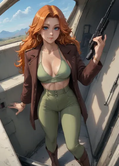 (((Melkor mancin mix markgavatino mix cutesexyrobutts style))), reiq style, masterpiece, super ultra detailed, super high resolution, (perfect small details, perfect quality, ultra perfect quality, perfect detailing), lora, add-detail-xl, (cockpit airplane:1.2), futuristic, perfect plane, iron, view sky in background, view on montains, from sky, sky blue, beautiful lady, (freckles), big smile, curly hair, long hair, hyperdetailed, supermodel face, (Rangiku_matsumoto from bleach, long orange hair), 30years old, extremely tanned, ((tan lines:1.5)), gold hoop earrings, ankle bracelet, blushing, (intense blushing), elegant, athletic body, perfect long leg, perfect anatomy, perfect hands, perfect finger, high detail face, standing, clothed, long boots, brown boots, (military cloths:1.5), brown jacket, soldier, military force, (big weapon:1.2), rifle, big, (gun:1.2), assault rifle, military pants, colonel, army

view all body, being fucked, sex