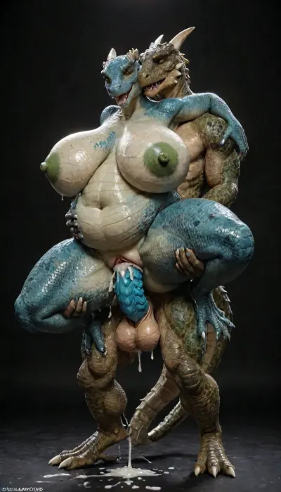dark background, FULL BODY, couple, 1male, 1 female, (female scalie anthro argonian, open mouth, happy expression, green scales, wet vagina, (black background), (perfectly scaled up:1.1), massive saggy tits, very wide hips, thick thighs., ((huge tits, floppy tits, thick protruding nipples, dark green nipples)), ((wide, very wide hips, thick hips)), ((obese belly bulges and sags, deep navel)), (((body covered in scales, defined body scales, green scales, reptile scales, full body reptile scales, scales on breasts, more scales, excessive scales, scales))), super wide huge hips), ((male scalie anthro argonian, argonian male, reptile scales, standing, male has blue scales, huge penis, dragon penis, scalie penis, penis covered in scales, reptile scales on penis, teal penis head, ridged erect penis)), standing next to each other, standing sex, ((a man is visible, carrying her, holding her thighs in his hands, fucking her hard, creampie)), ((cum in vagina, cum on thigs cum on feet, cum on floor, excessive cum)), made, of, r3psp1k3s, reptile, skin, spines, huge, breasts, massive, <lora:r3psp1k3s:1.5>, <lora:LCMTurboMix_Euler_A_fix:1.7>, <lora:SDXL_MassiveCowsLoRA_v1:1.3>