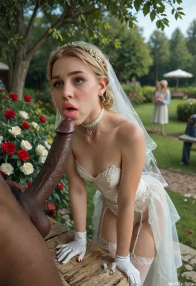 ((interracial)), beautiful youthful slim petite slender young blonde bride at wedding gangbang party in backyard, (outdoor in living public backyard:1.4), (bridesmaids:1.2), (her Mom standing near and watching), full lips, blonde hair, shaggy, white choker, white roses headflowers, conservative white wedding dress, garter belt and white stockings, (flashing pussy), (white gloves to shoulders:1.2), white high heels, red lipstick, red nails, perfekt 5 fingers, flat chested, wedding bouquet, surprised, half-open mouth, standing, leg up, (bent over waist), sitting, (laying on her back on table), (ridding on cock), (deepthroat), blowjob, (anal fucked by old dirty homeless man), (gangbang:1.4), 4 huge cocks, (4rd person), (cum dripping from cock:1.7), anal sex, (doggy style anal sex), rough anal sex, bent over waist, very deep anal penetration, hard fucking, outdoors, wedding guests watching, crowd, late afternoon, realistic detailed face, realistic detailed hair, realistic detailed body, realistic detailed skin, realistic detailed very small breasts, realistic detailed very tight pussy, (High, Resolution), (More, Details), (8K), 4ng3l, face, detailxl, <lora:checkpoint-e100_s400:1.3>, <lora:add-detail-xl:1.5>, <lora:style_lora_realis:.5>, <lora:SDXL_BetterFaces-LoRA_v1:.8>, <lora:detailed_notrigger:1.5>