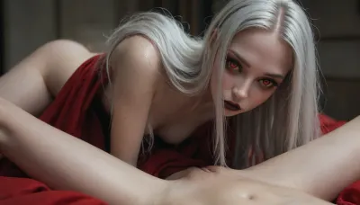 tall, lanky, extremely pale necromancer, pale white skin, (long hair:1.7), shimering silver hair, (slim angular face:1.6), black nailpolish, black lipstick, black eyeshadows, (red eyes:1.3), (yellow sclera:1.3), she is wearing a black with red lining hooded robe, in a desoleted battlefield, blood red wolfmoon, (legs spread cunilingus:1.5)