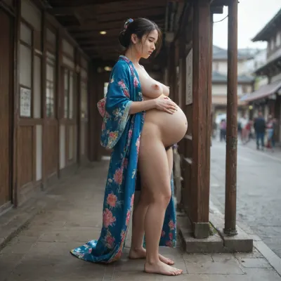 Japanese pregnant girl in kimono without panties showing her very hairy pussy, full body view, side view, her fingers wide open her vagina, several japanese pairs fucking in background