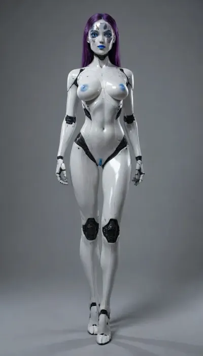 robotic girl, (metal face), well-defined face, deep purple synthetic hair with metallic sheen, futuristic cameras instead of eyes, blue silicone lips, well-defined nipples, deep blue silicone vagina, robot body, artificial ball joints on arms and legs, white android skin, female robot, mechanical body parts, full-body view