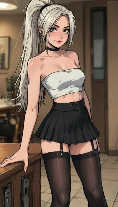 (1 girl solo), ((1 girl)), white hair, long hair ponytail, (big lips), ((Insanely hot skinny college student)), (sexy abs:1.2), (slight smile), (navel piercing), (low-waisted black micro skirt), (white strapless crop top), (white sneakers), (clubfoot:1.3), (athletic body:1), ((white pleated micro skirt)), (hip gap:1.4), (club foot:1.3), (narrow waist:1.5), (erected nipples:1.2), ((perky medium tits)), (horny face), (black choker), (cleavage), (view from above:.8), ((black stockings)), (garters), long legs, (slutty outfit), ((Melkor mancin meet markgavatino style)), reiq style, ratatatat74, SamDoesArts, <lora:LCMTurboMix_Euler_A_fix:1.1>, <lora:ratatatat74-000050:1.8>, <lora:mk_Bp Anime_xl:1.2>, <lora:焦茶_XL:2>, <lora:SDXLSamDoesArts:1.6>
