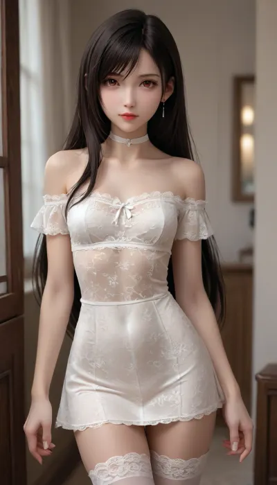Tifa Lockhart, long black straight hair, red eyes. B size breasts, thin waist, slender thighs, slim legs, hourglass figure, small chest., (Extremely textured white lace off-shoulder, mini-dress, thigh high white lace stockings, white choker)