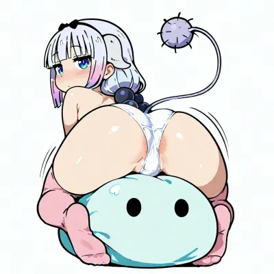 derpixon style, simple cartoon porn, bold black outlines, vibrant flat colors, without shading, clean lines, white background, Kanna Kamui, small petite body, flat chest, short light blue hair with pink tips, blue eyes, cute innocent face, slight blush, aroused expression, wearing tight white panties, riding on top, bouncing up and down, perfect round buttocks visible from behind, full body view, maximum simplicity, clean flat coloring, no complex details, no gradients, no shine